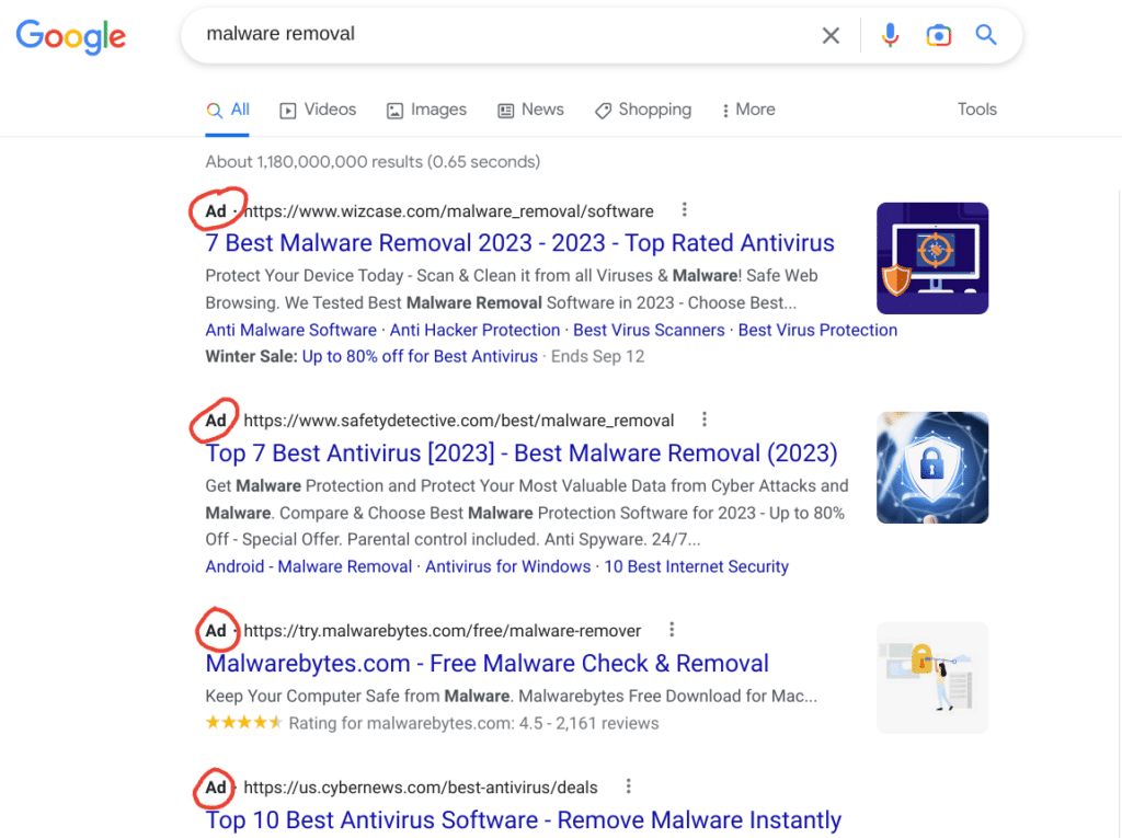 A Google search for the term "malware removal" returns four ads. Actual search results are not visible on the page.