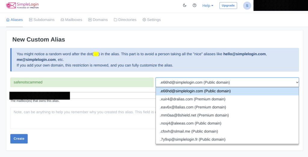 Creating a custom alias in SimpleLogin. The prefix "safenotscammed" is selected and a list of seven available domains is shown, one of which must be selected to finish creating the alias.