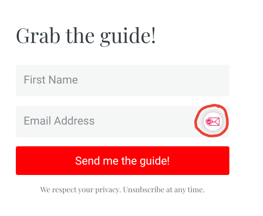 Screenshot of a newsletter sign up form. It has fields "First Name" and "Email Address." In the "Email Address" field is a SimpleLogin logo. When you click on it, it generates an alias and enters it into the address field.
