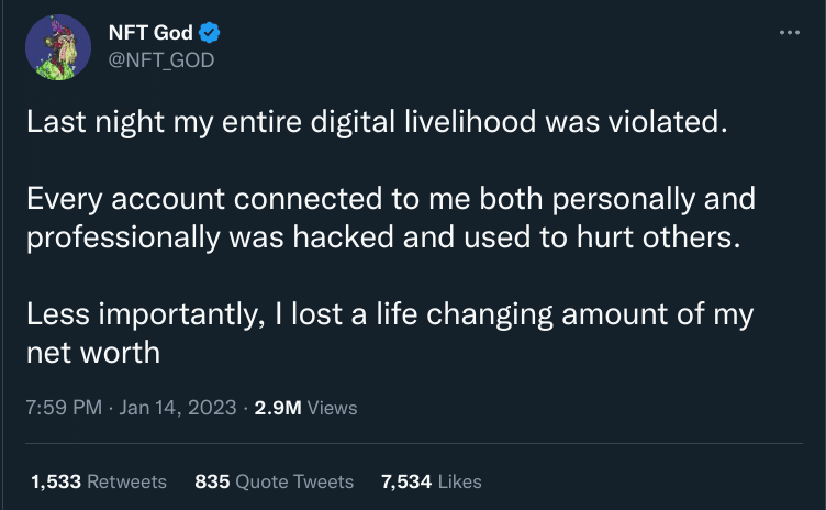 Last night my entire digital livelihood was violated. Every account connected to me both personally and professionally was hacked and used to hurt others. Less importantly, I lost a life changing amount of my net worth.