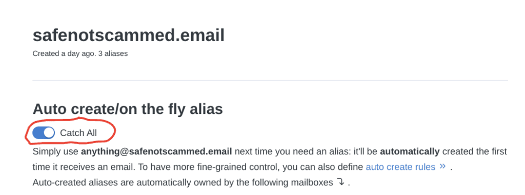 The custom domain settings for safenotscammed.email in SimpleLogin. With catch-all turned on, the tip below reads "Simply use anything@safenotscammed.email next time you need an alias: it'll be automatically created the first time it receives an email."