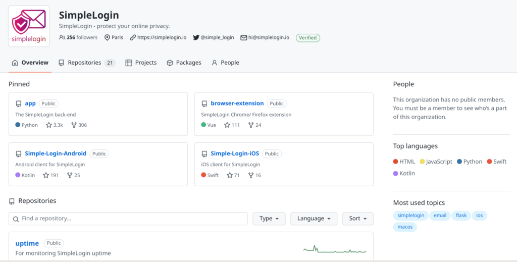 A screenshot showing SimpleLogin's GitHub repository. Code repositories for the app, browser extension, android app and iOS app are shown.