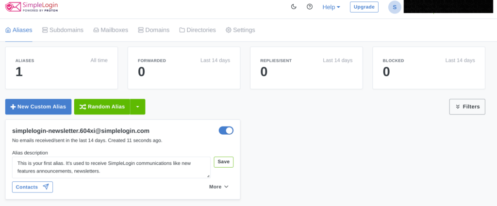 Screenshot showing the SimpleLogin account dashboard. There are six tabs: Aliases, subdomains, mailboxes, domains, directories and settings. The alias tab is shown, which lists the total number of aliases in the account, the number of forwarded emails, replies sent and emails blocked.