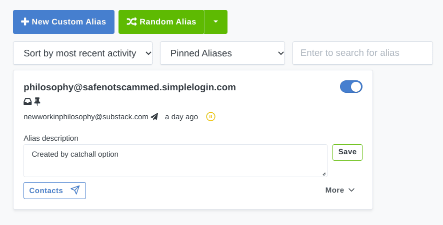 Screenshot showing the alias philosophy@safenotscammed.simplelogin.com created on the fly using the subdomain safenotscammed.