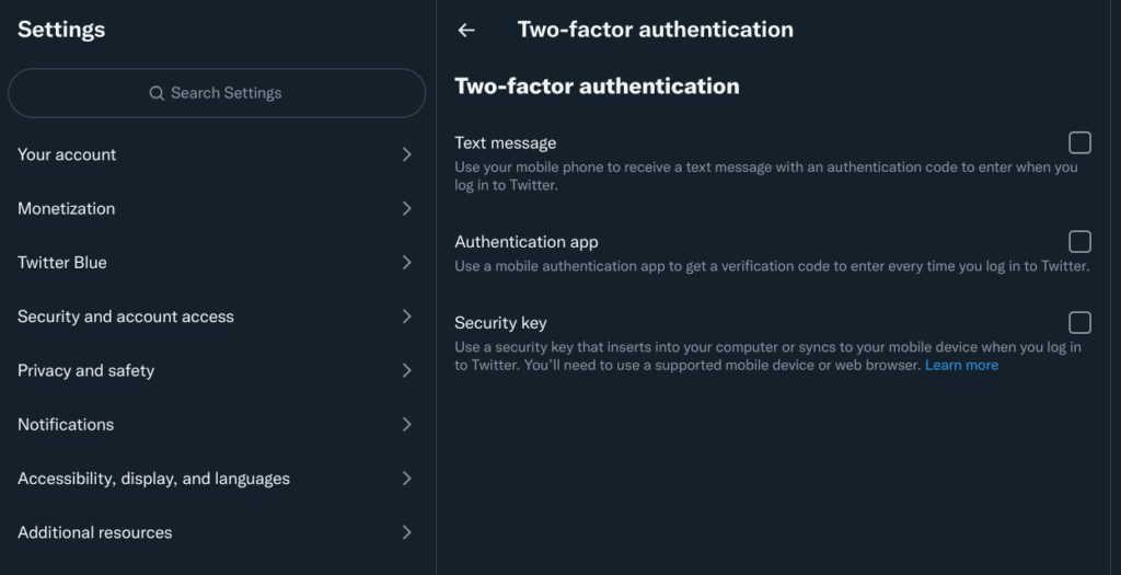 Twitter offers three options for two-factor authentication: text message, authenticator app, and security key.
