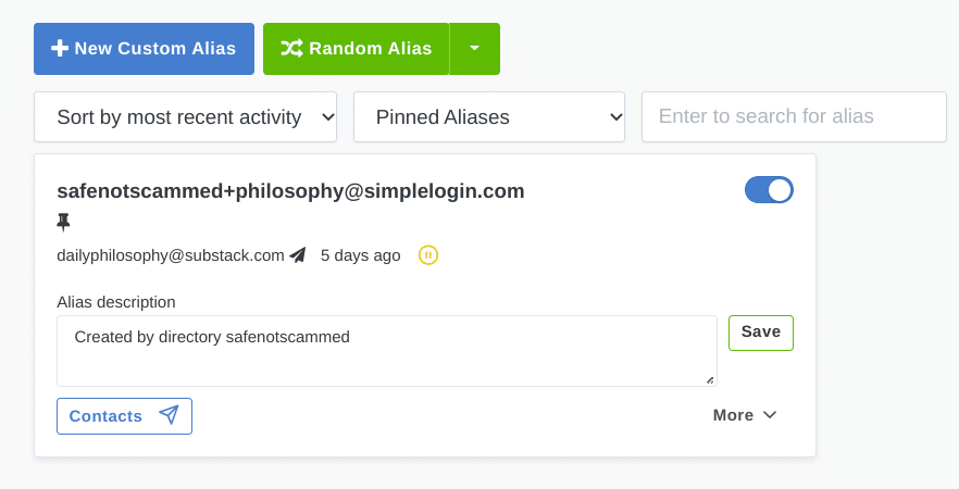 Screenshot showing an alias generated on the fly by the directory safenotscammed. The alias is safenotscammed+philosophy@simplelogin.com