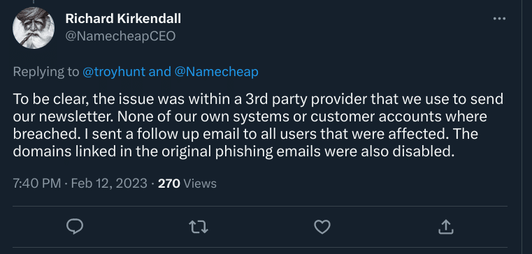 To be clear, the issue was within a 3rd party provider that we use to send our newsletter. None of our own systems or customer accounts where breached. I sent a follow up email to all users that were affected. The domains linked in the original phishing emails were also disabled.