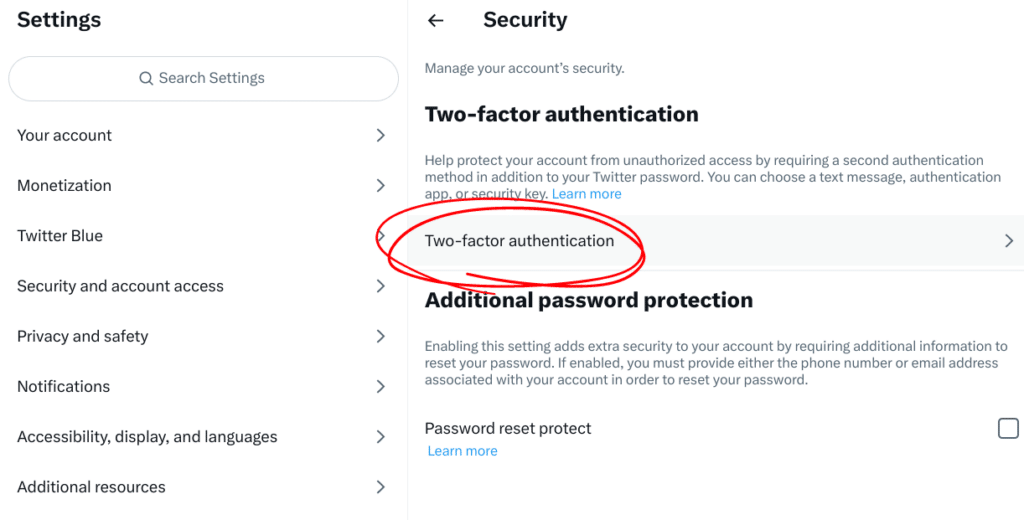 The following options are displayed in the security menu:
Two-factor authentication (select this one)
Additional password protection