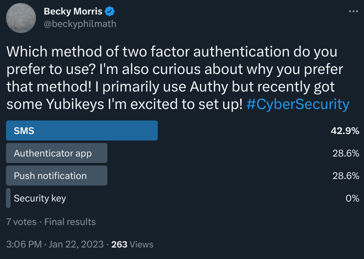 Which method of two factor authentication do you prefer to use? I'm also curious about why you prefer that method! I primarily use Authy but recently got some Yubikeys I'm excited to set up! #CyberSecurity
SMS 42.9% 
Authenticator app 28.6%
Push notification 28.6%
Securitykey 0%