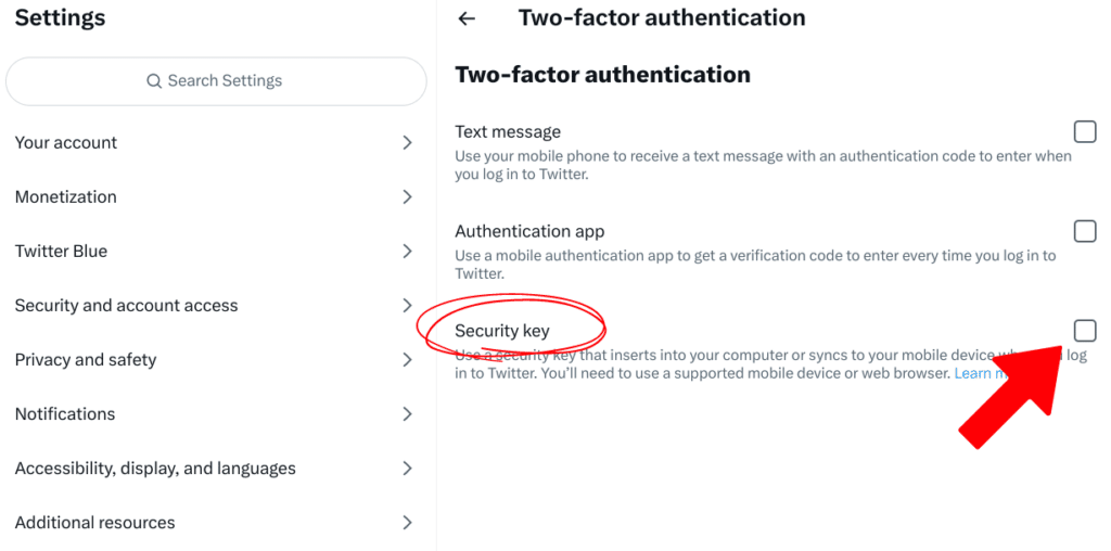 Two-factor authentication.
Text message
Authentication app
Security key (select this one)