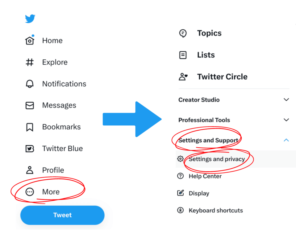 Home
Explore
Notifications
Messages
Bookmarks
Twitter Blue
Profile
More (select this one)

After clicking "More", the following options appear:
Creator studio
Professional tools
Settings and support (select this one)
Settings and privacy (then select this one)