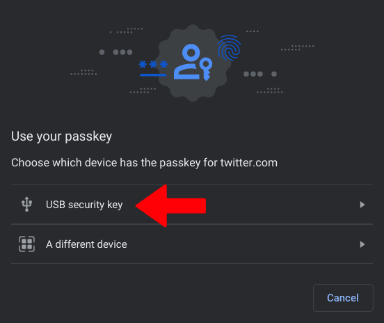 Use your passkey
Choose which device has the passkey for twitter.com
USB security key (select this one)
A different device