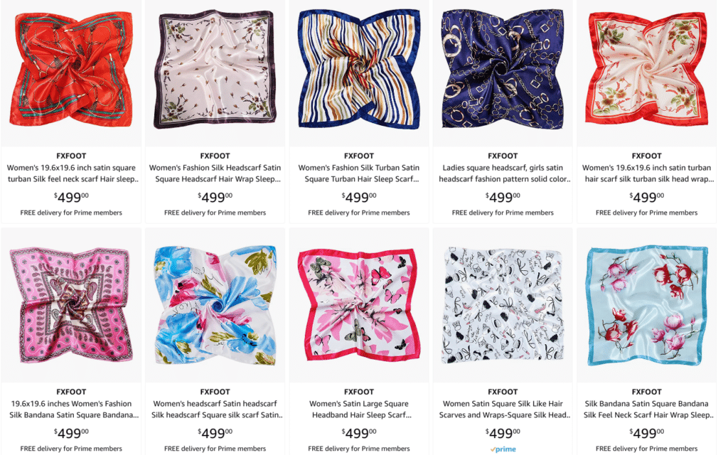 A selection of 10 scarves on Amazon selling for $499 each.