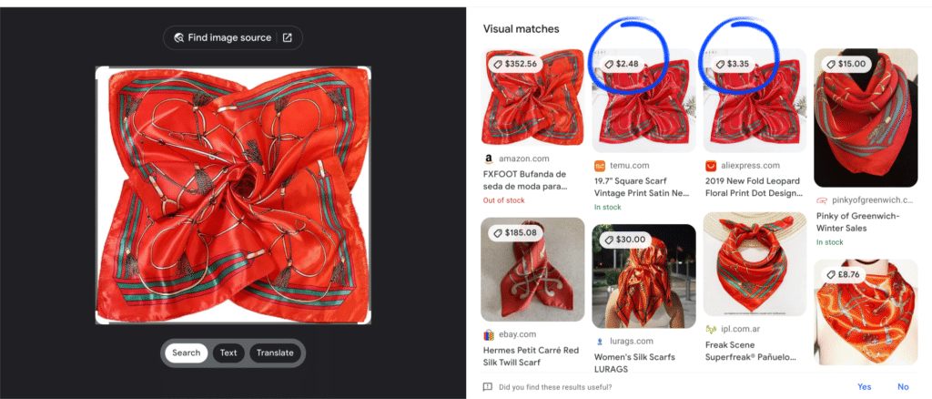The same photo of the ugly red scarf from its Amazon listing appears on Temu and AliExpress where it is available for $2.48 and $4.45, respectively.