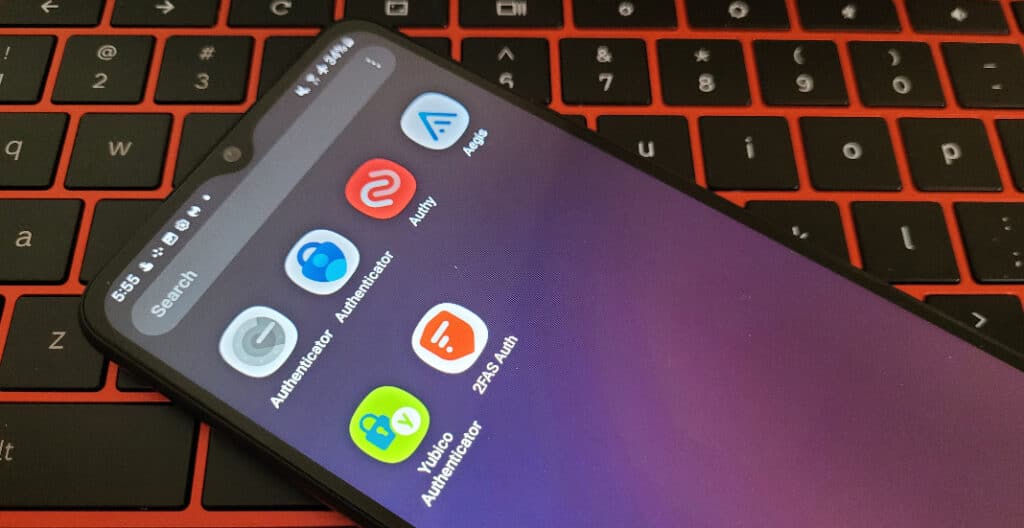 A collection of authenticator apps installed on an Android phone: Google Authenticator, Microsoft Authenticator, Authy, Aegis, Yubico Authenticator, 2FAS Auth.