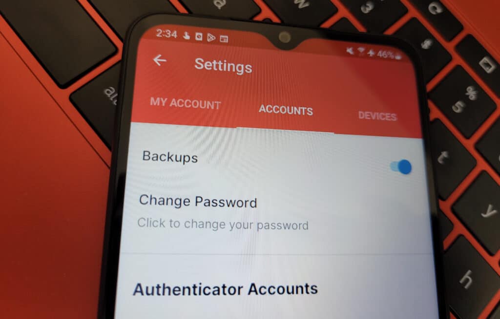 The Settings tab of the Authy app.
My account Accounts Devices
Backups (enabled)
Change Password
Click to change your password
Authenticator accounts