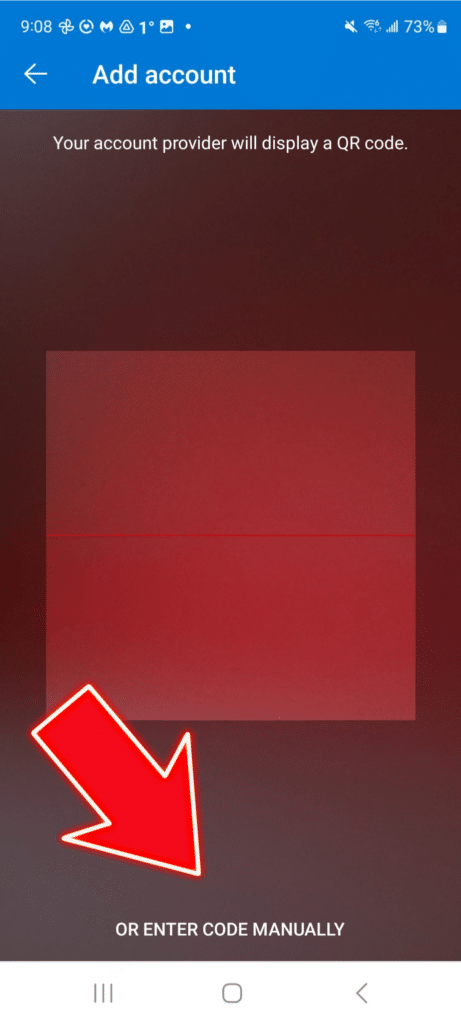 At the top of the authenticator is the text "Add account." Beneath that, the camera screen is displayed. Over that, the text "Your account provider will display a QR code" appears at the top and at the very bottom it says "Or enter code manually."
