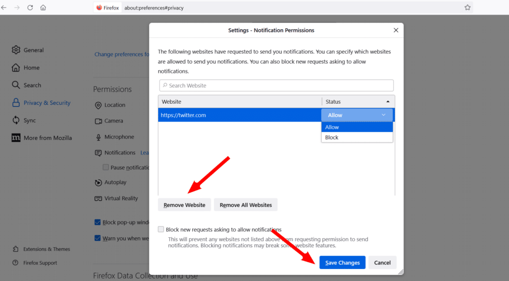 Settings-Notification permissions
The following websites have requested to send you notifications. You can specify which websites are allowed to send you notifications. You can also block new requests asking to allow notifications.

Website
https://twitter.com Status Allow/Block

Remove website Remove all websites

Save changes Cancel