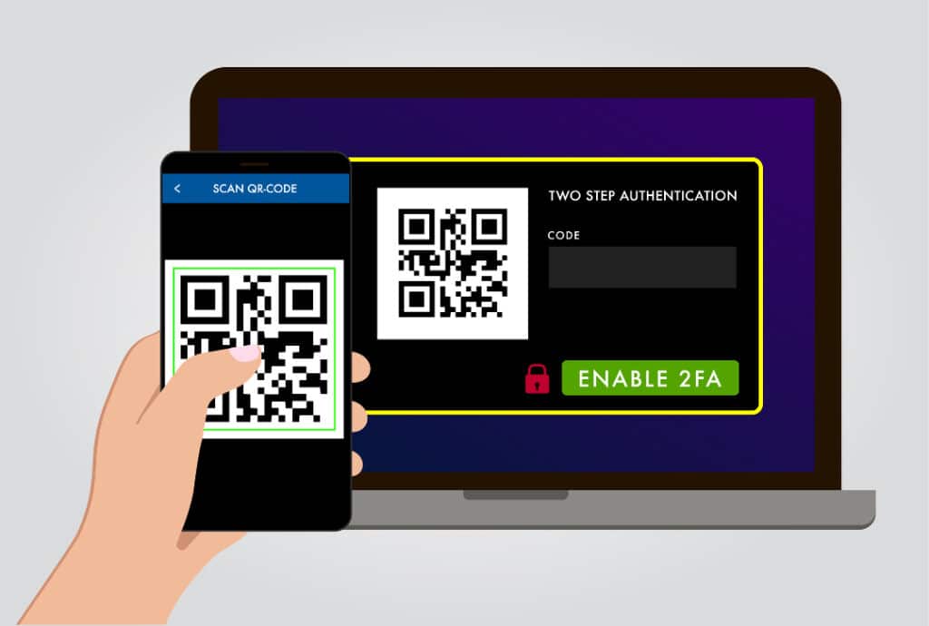 A QR code is displayed on a laptop screen with the following text: Two-Step Authentication. A box is displayed next to it for a code to be entered. Beneath this is a button to press to enable 2FA.

In front of the laptop is a phone which is being used to scan the QR code on the laptop screen using an authenticator app.