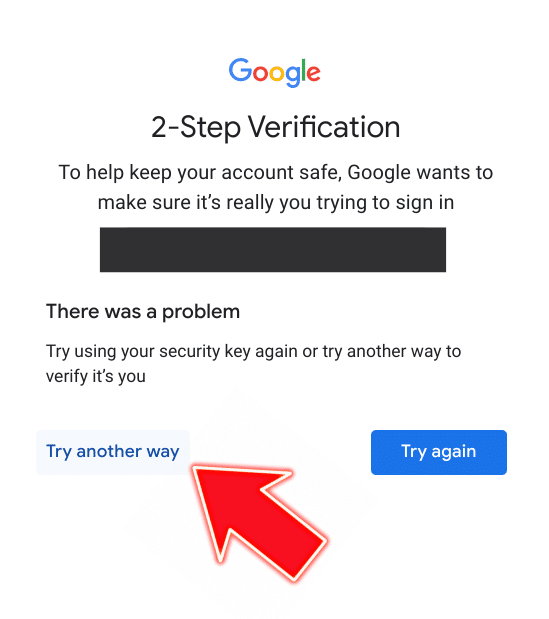 2-Step Verification
To help keep your account safe, Google wants to make sure it's really you trying to sign in.

There was a problem.
Try using your security key again or try another way to verify it's you.

Try another way. Try again.