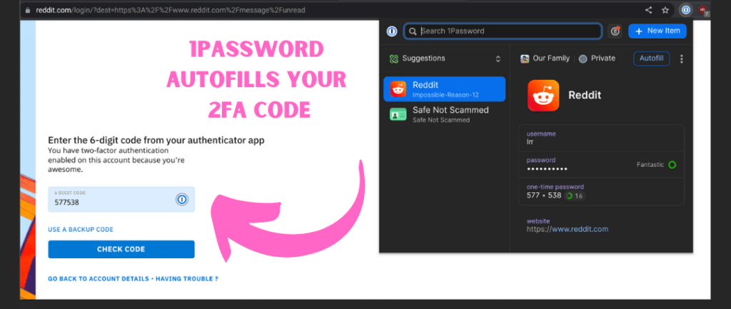 Screenshot showing how the 1Password browser extension autofills the 2FA code when logging in to Reddit.
