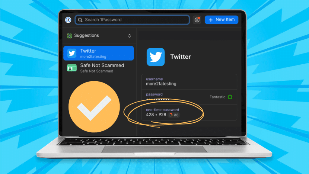 A laptop displaying 1Password's browser extension. An entry for a Twitter account is displayed, showing a one-time passcode used for 2FA.