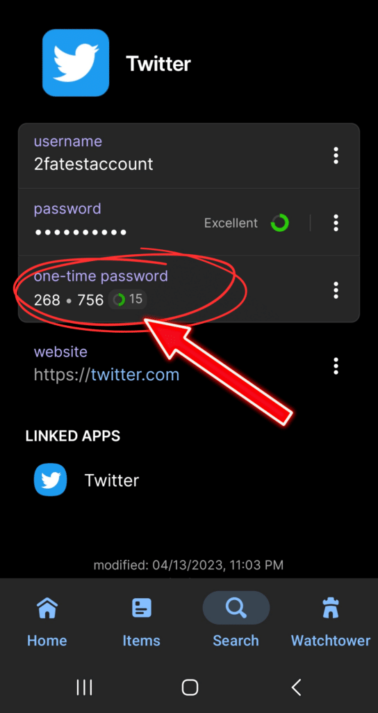1Password's UI for an entry that includes 2FA codes, aka one-time passwords. 

Username: 2fatestaccount
Password: ***** Excellent
One-time password 268 * 756
Website: https://twitter.com
Linked apps: Twitter