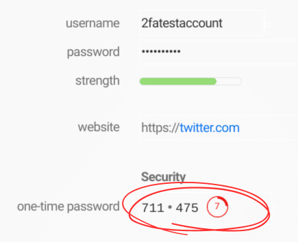 username: 2fatestaccount
password: ************
strength
website https://twitter.com
Security
one-time password 711*475 (7 seconds remaining)