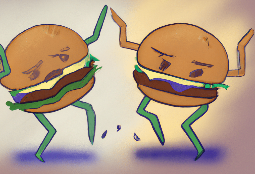 An AI generated image of 2 sad-looking hamburgers dancing in a beautiful way.