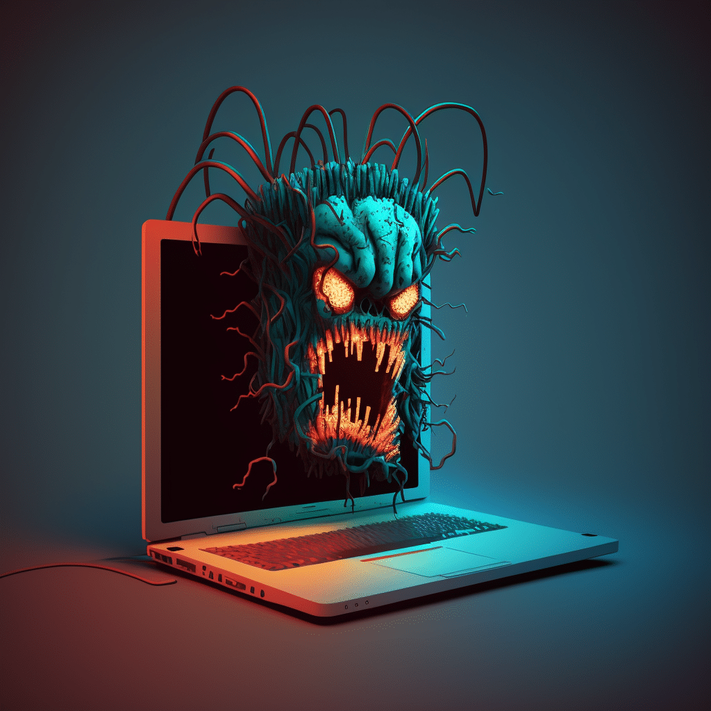 A scary monster face with orange teeth, blue hair and skin and red tentacles comes out of a laptop computer.