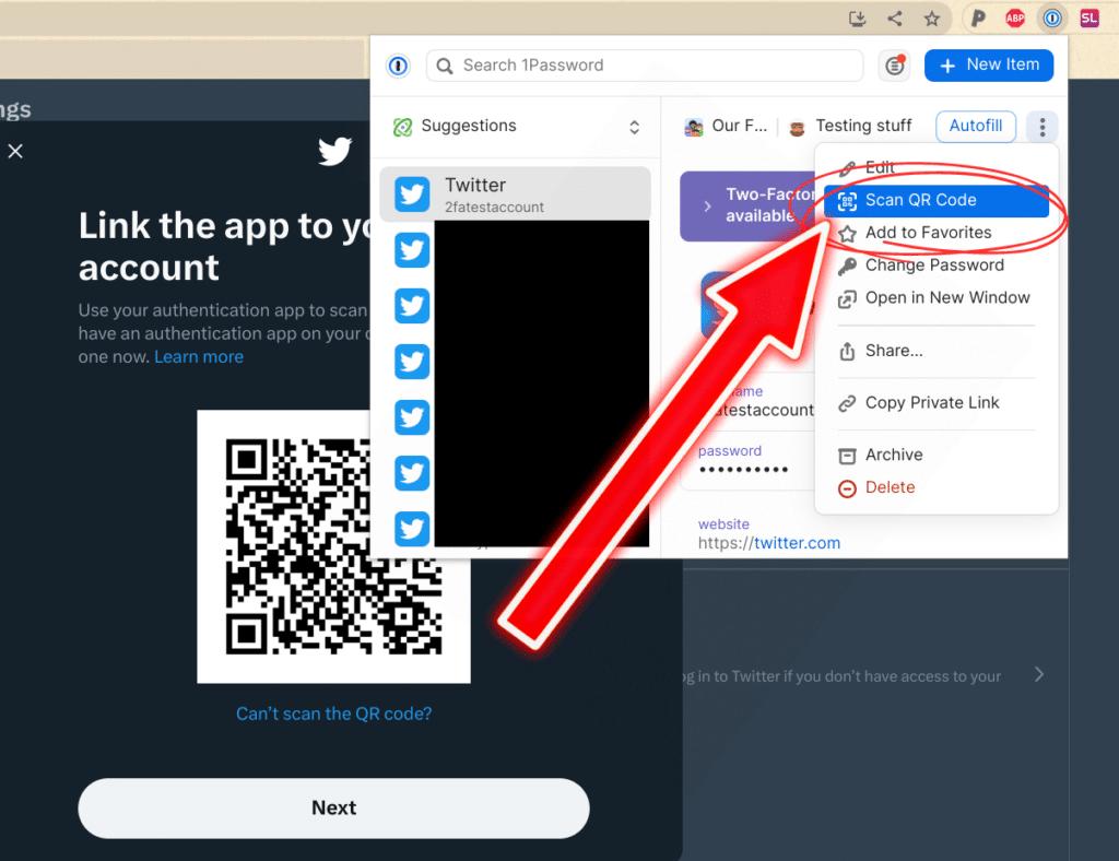 UI for 1Password's Chrome browser extension. After clicking the vertical dots menu, the following options appear:
Edit
Scan QR code (select)
Add to favorites
Change password
Open in New Window
Share
Copy Private Link
Archive
Delete