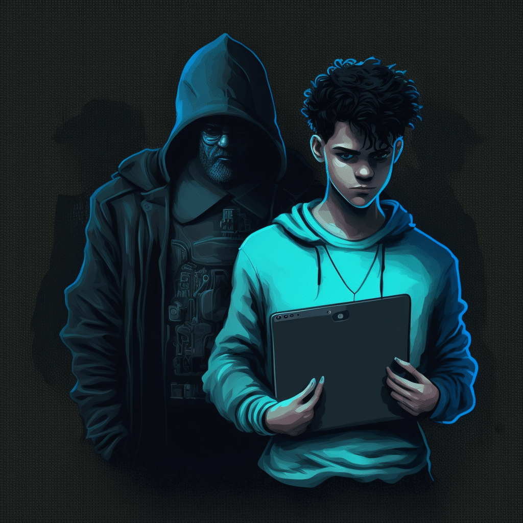 A shadowy figure dressed in back is in the background and in the foreground a teenager in a blue hoodie holds his computer close to his chest.