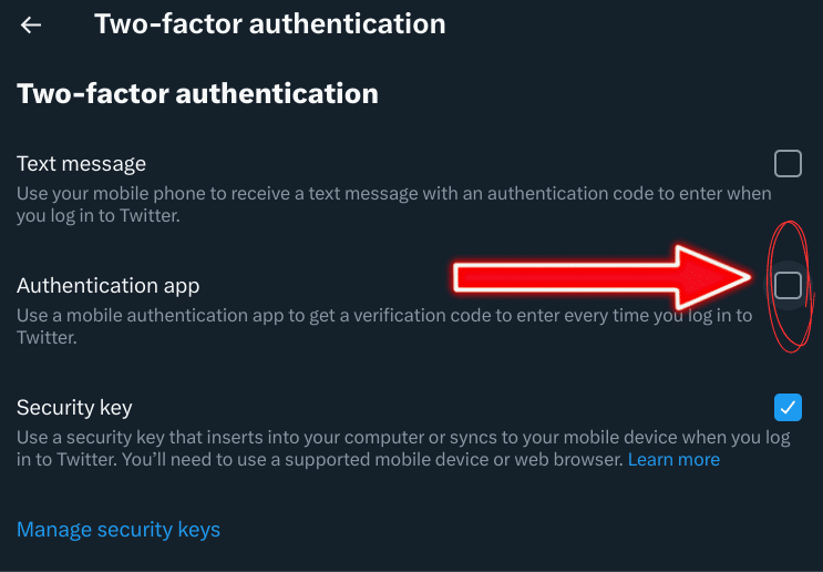 Twitter's 2FA settings:
Text message
Authentication app (select)
Security key