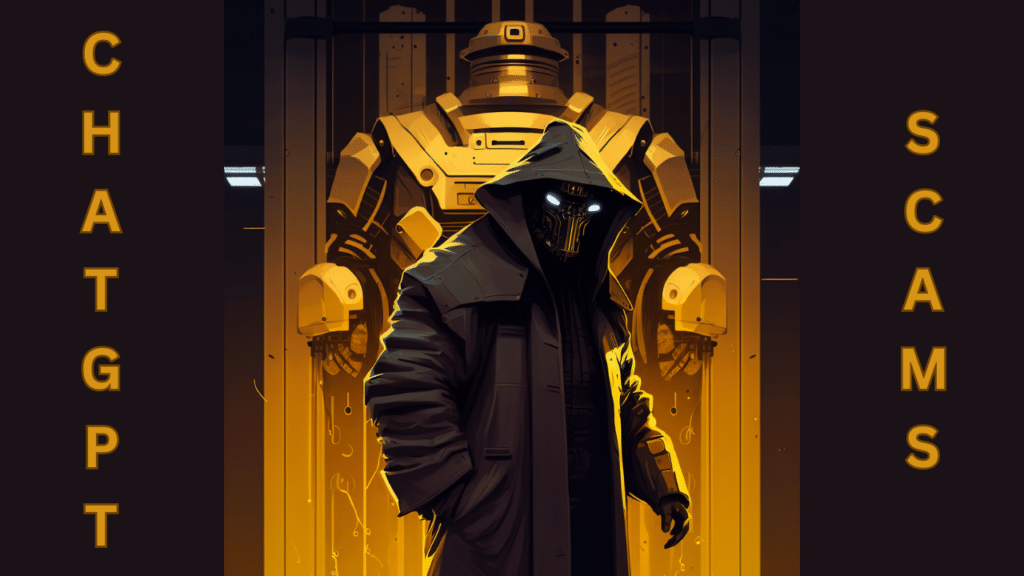 A golden robot is in the background and a shadowy figure wearing a hooded coat and mask is in the foreground looking menacing.