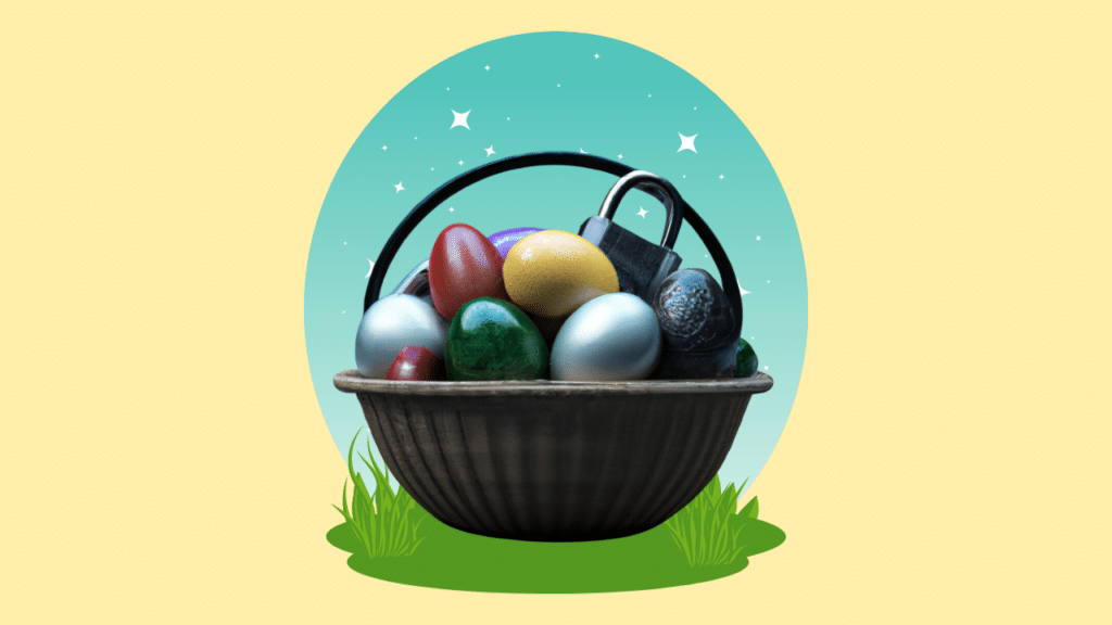 AI generated image of colorful eggs in a brown basket, along with a padlock. The basket has been edited to sit on a patch of grass against a light blue night sky with white stars.