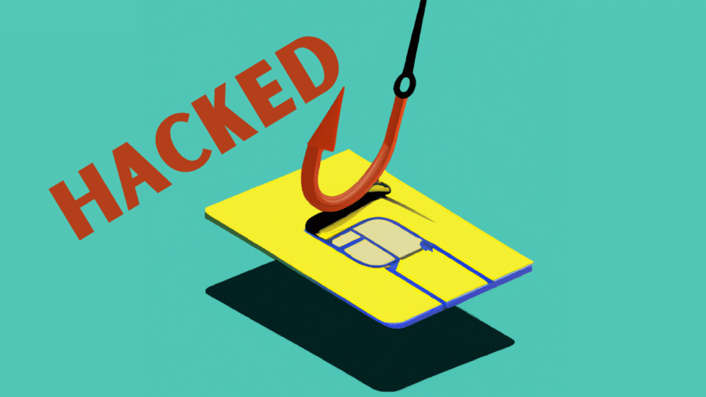 An AI generated image of a yellow and blue SIM card on the bottom of a fishing hook. The image has been edited to add the text "Hacked"