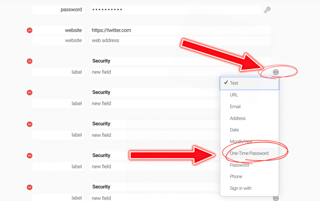 The editing UI of an entry on 1Password.com.

The already completed sections, e.g. username and password, are available, as are other, empty fields. Those fields have grey dots next to them. Upon clicking on them, a list of options appears:
Text
URL
Address
Date
Month/Year
One-Time Password (select)
Password
Phone
Sign in with