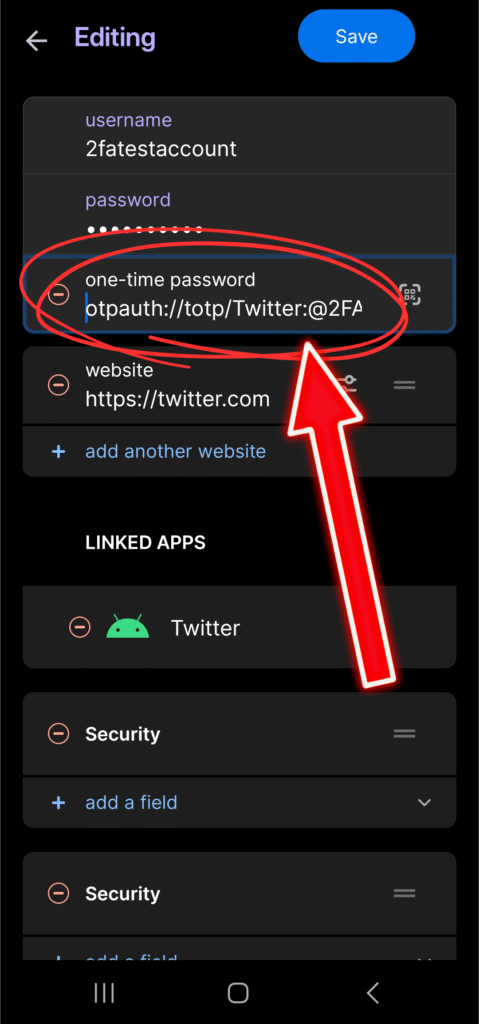 In the one-time password field, you will see an entry that looks like this: otpauth://totp/Twitter:@2FA...