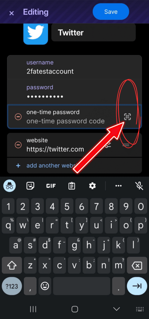 1Password's UI for editing an entry.
Username: 2fatestaccount
Password: *******
One-time password: one-time password code. A QR code symbol
Website https://twitter.com