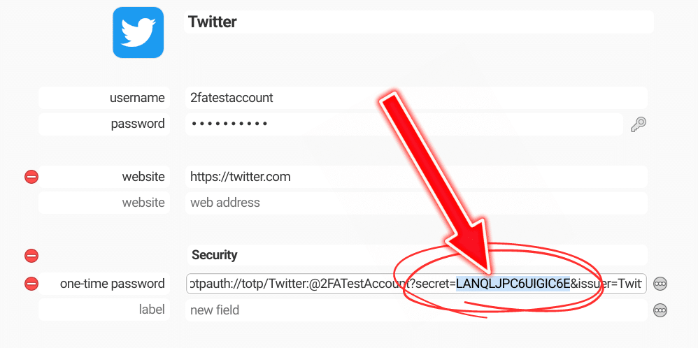The 1Password UI. The one-time password field shows the entry otpauth://totp/Twitter:@2FATestAccount?secret=LANQLJPC6UIGIC6E&issuer=Twitter
