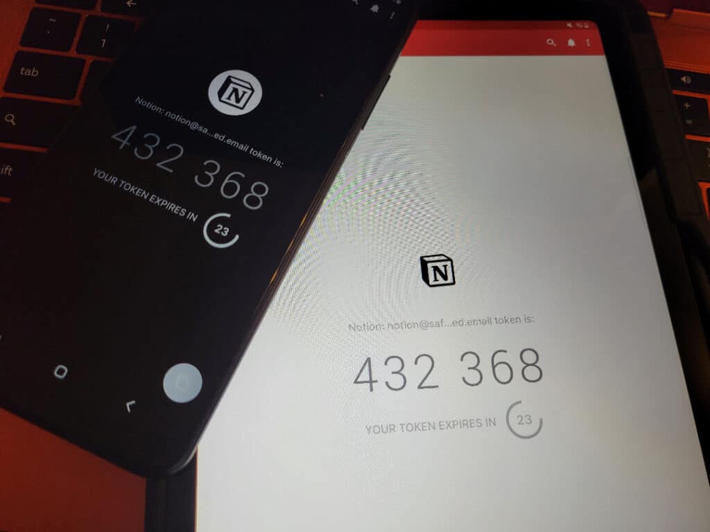 The same Authy account is displayed on a phone and a tablet. The Authy app on the phone is in dark mode and the Authy app on the tablet is in light mode.