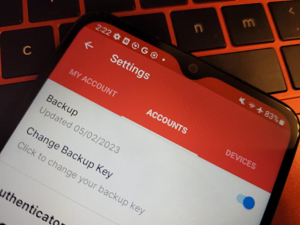 In the accounts tab in the Authy app:
Backup
Updated 05/02/2023
Change backup key
Click to change your backup key