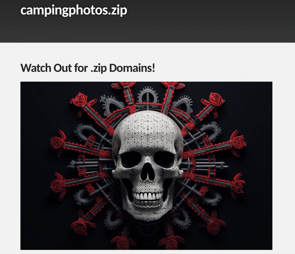 Screenshot of the site I made at campingphotos.zip. It says "Watch Out for .zip Domains!" and displays a spooky AI generated photo of a skull and crossbones decorated with red and gray zippers.