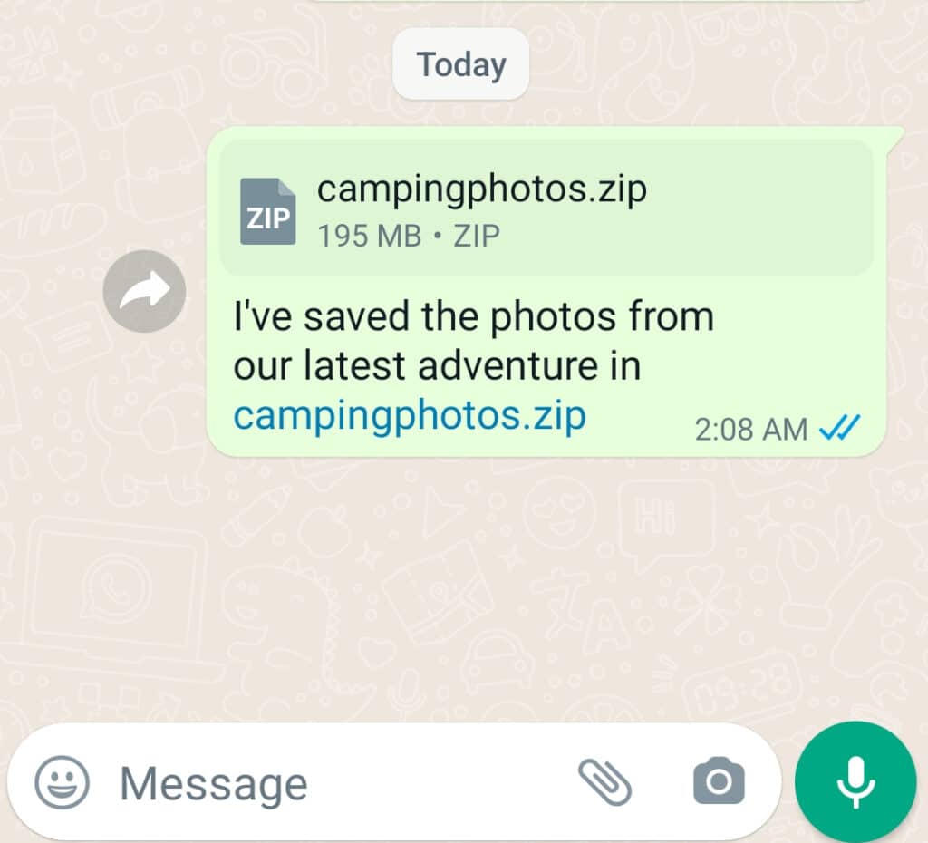 A screenshot from WhatsApp showing the following message:
zip campingphotos.zip 195mb.zip
I've saved the photos from our latest adventure in campingphotos.zip