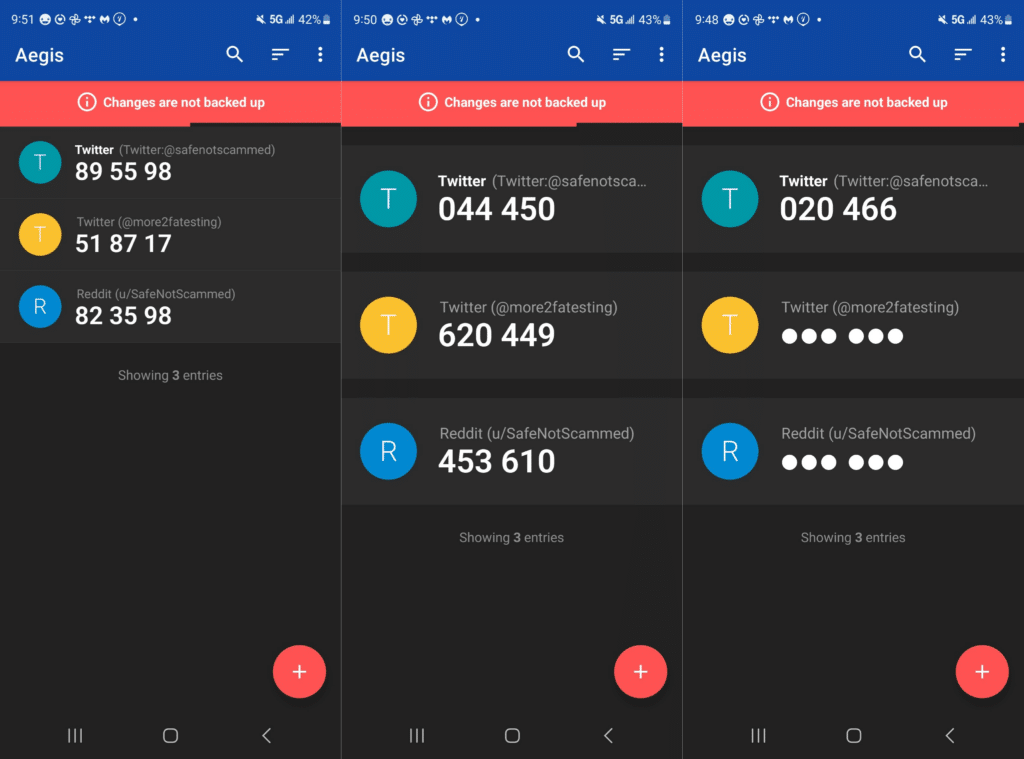 3 screenshots of Aegis side by side showing different customization options. 
Far left screenshot: The codes are displayed in a compressed manner and with the digits grouped in sets of 2.
Middle screenshot: The codes are displayed at a normal size and the digits are grouped in sets of 3.
Right most screenshot: Same as the middle screenshot, except the codes that have not been tapped have circles in place of numbers to hide the codes.