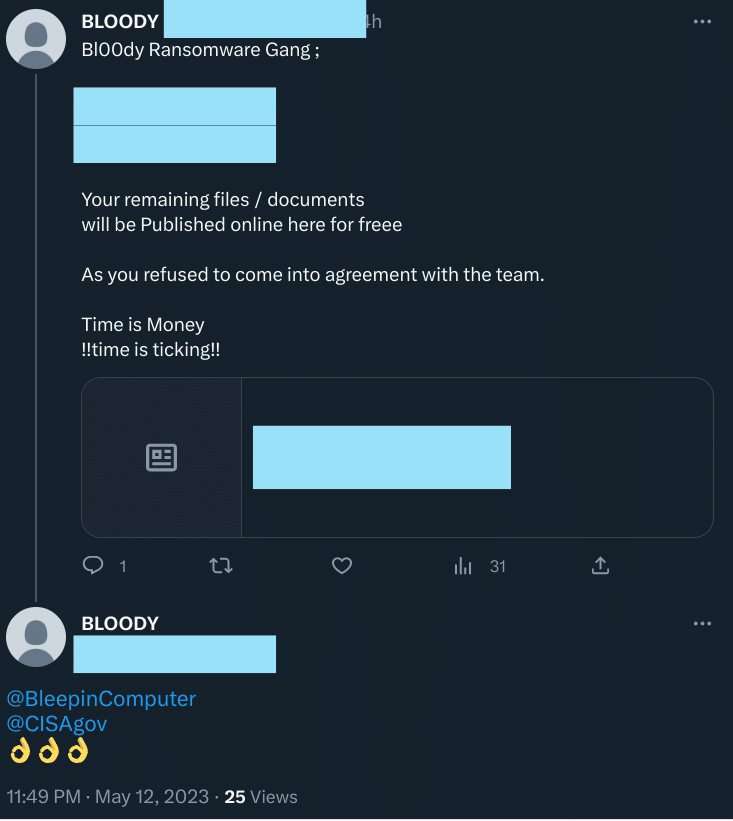 Bl00dy Ransomware Gang;
@SocratesAcademy
socratesacademy[.]us
Your remaining files/documents
will be Published online here for freee
As you refused to come into agreement with the team.
Time is Money
!!time is ticking!!
@BleepinComputer
@CISAgov
Ok emoji x 3