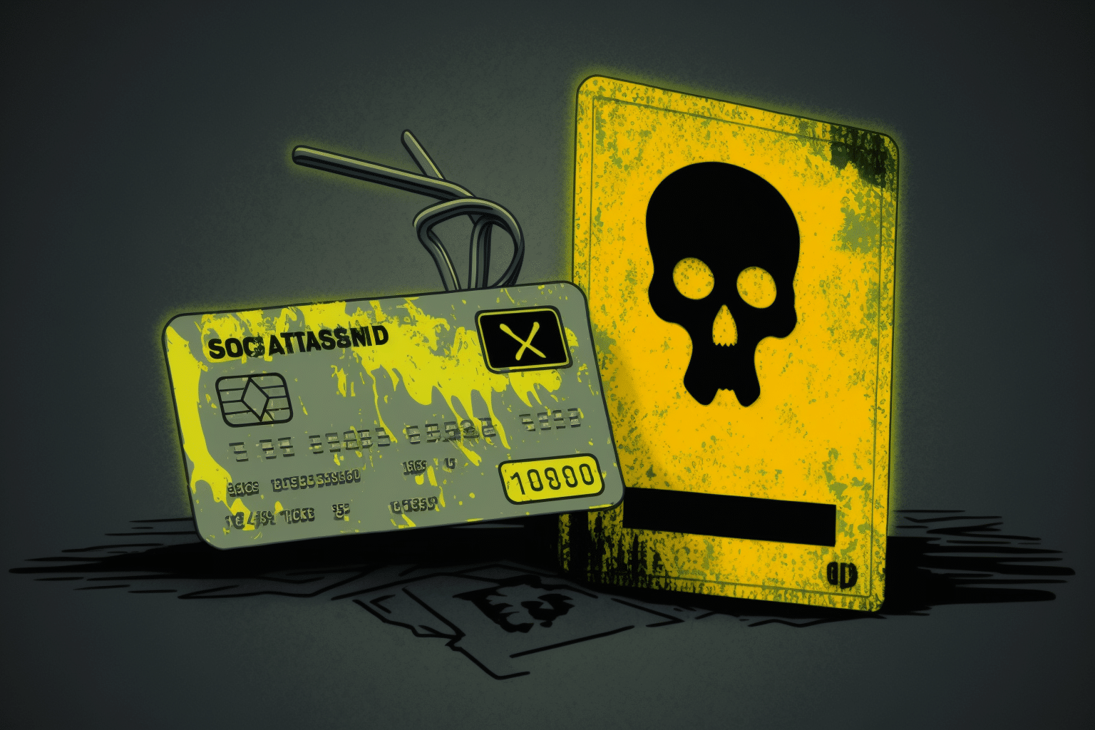 An AI generated image of a green credit card with yellow splotches on it next to a yellow sign with a black skull on it.