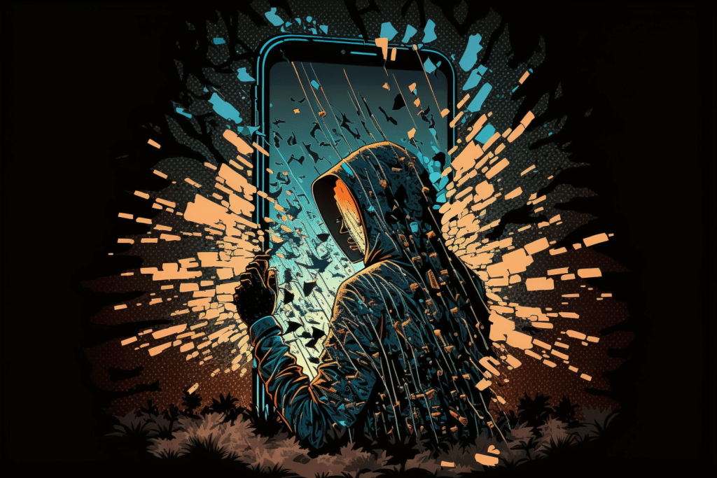 An AI generated image of a figure in a hoodie next to a giant phone that is shattering.