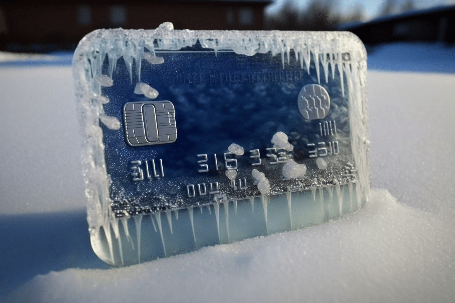 An AI generated image of a blue credit card encased in ice.