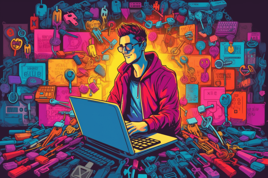 An AI generated image of a hacker wearing a hoodie, sitting at a laptop while surrounded by brightly colored keys.